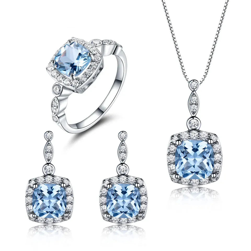 Sterling Silver Sky Blue Jewelry Set – Necklace, Earrings, and Ring